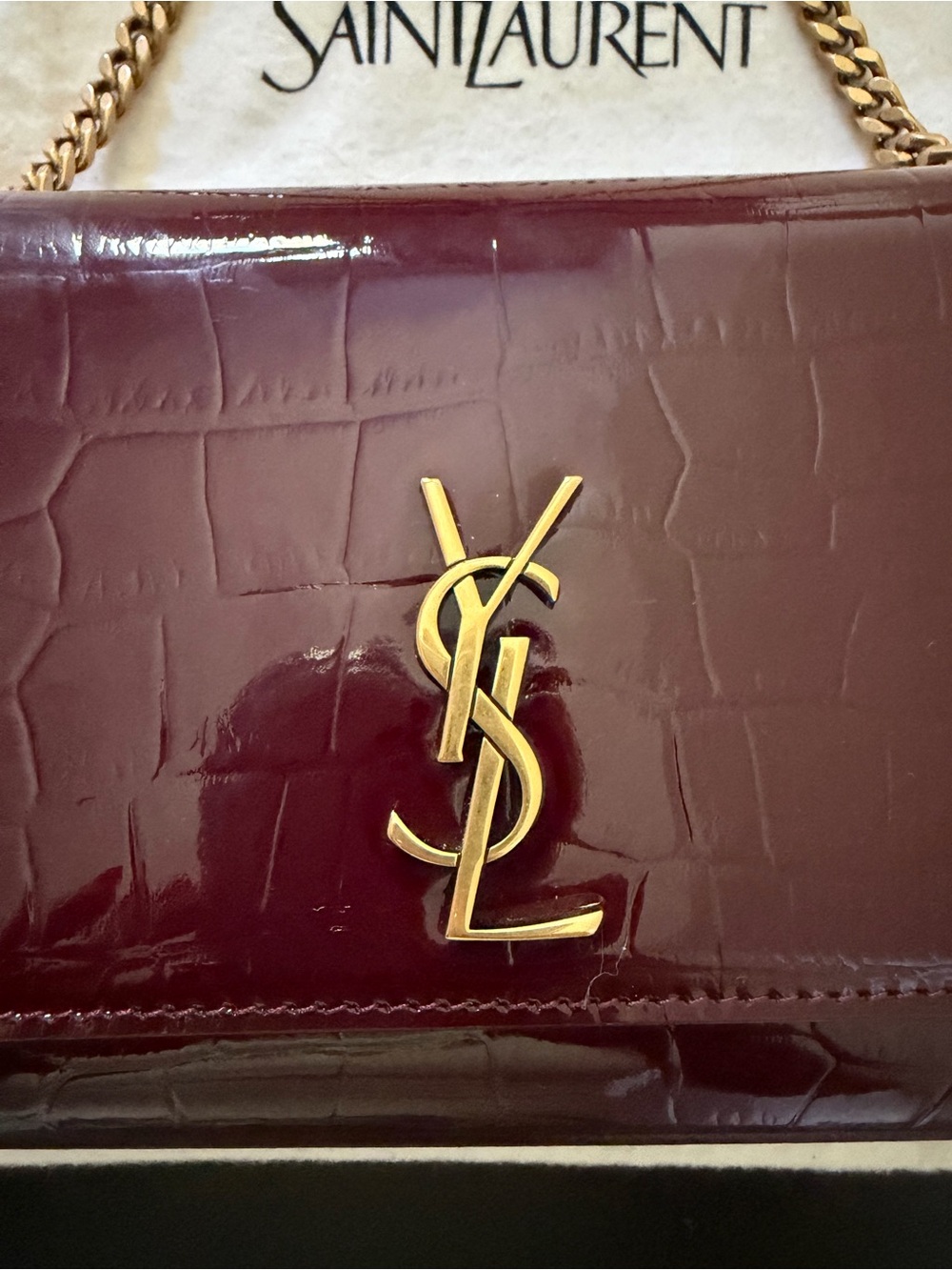 Yves Saint Laurent New Kate Burgundy Patent Croc-Embossed Leather Chain NWT - Picture 5 of 8